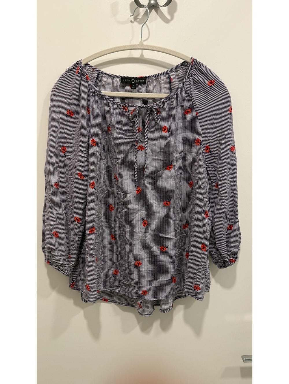 Fred David Babydoll Top Small Striped Floral Embroidered Peasant Blouse Boho